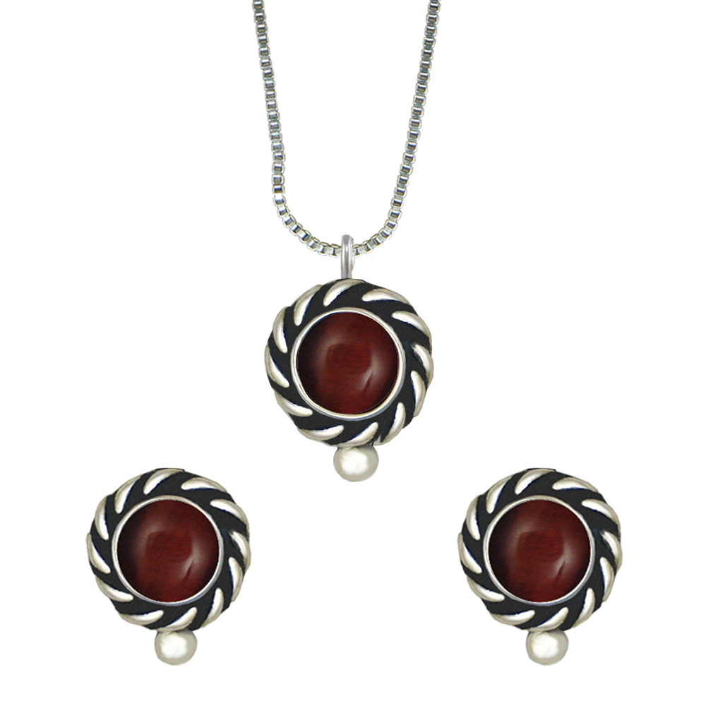 Sterling Silver Petite Necklace Earrings Set With Red Tiger Eye